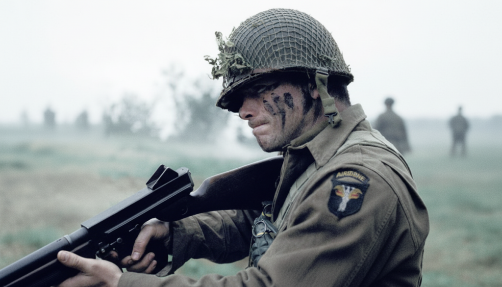 101st Airborne paratrooper in Normandy combat, M1 rifle drawn and camouflage face paint applied