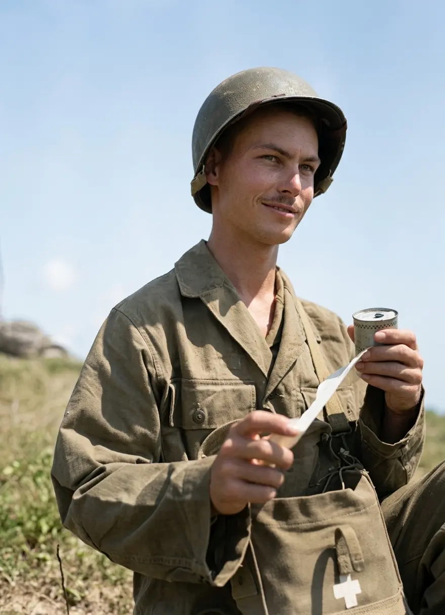 Pfc Desmond Doss as combat medic during the Battle of Okinawa May 1945 with helmet and Red Cross medic bag