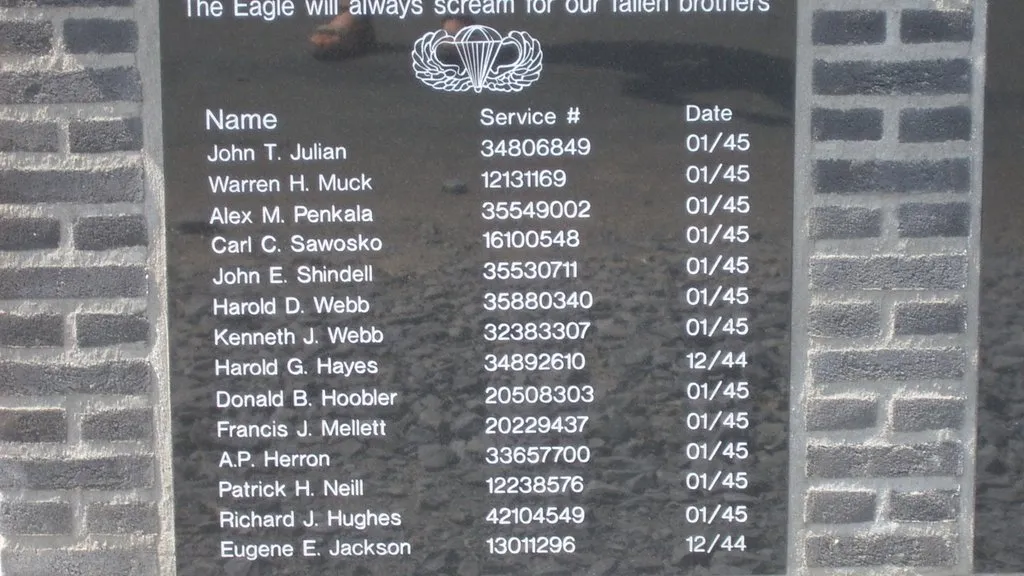 Easy Company memorial at Foy, Belgium, listing Warren H. Muck and Alex M. Penkala