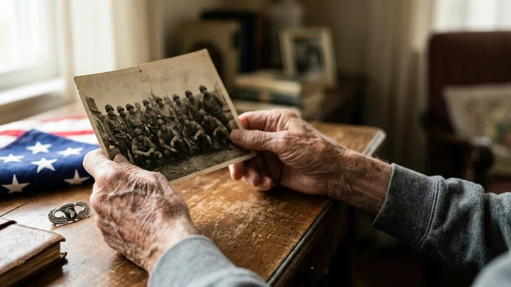 Aged WWII paratrooper veteran hands holding old Easy Company photograph with American flag and 101st Airborne jump wings