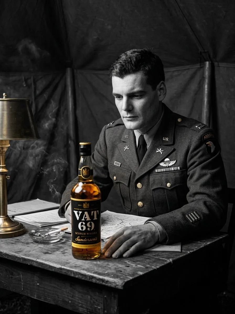 Captain Lewis Nixon Vat 69 Scotch whisky bottle Bastogne 1944 selective color