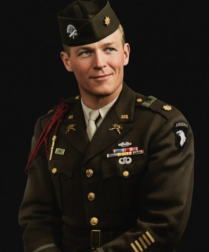Major Richard Dick Winters in dress uniform, 1945 — AI-restored color portrait