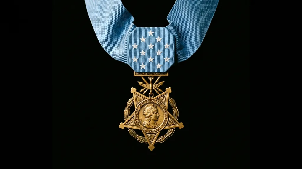 United States Army Medal of Honor — gold five-pointed star pendant with light blue ribbon featuring thirteen white stars, dramatic studio lighting