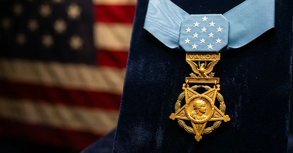United States Army Medal of Honor — gold five-pointed star with light blue ribbon, against an American flag background