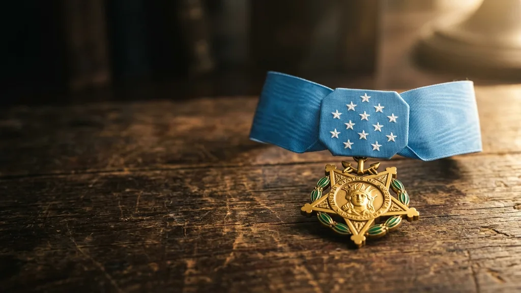 Medal of Honor displayed on weathered wooden surface with warm afternoon light