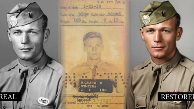 Major Richard Dick Winters of Easy Company 506th PIR 101st Airborne — 1942 military ID card alongside original and AI-colorized portraits