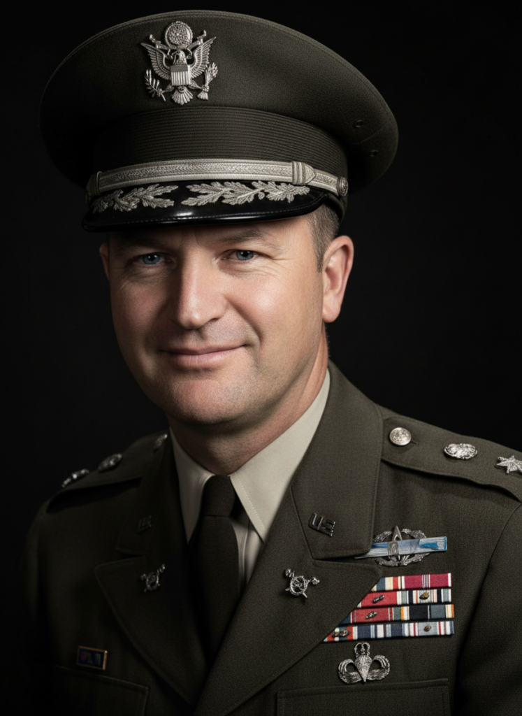 Ronald Speirs in US Army dress uniform after World War II, officer insignia and service ribbons visible