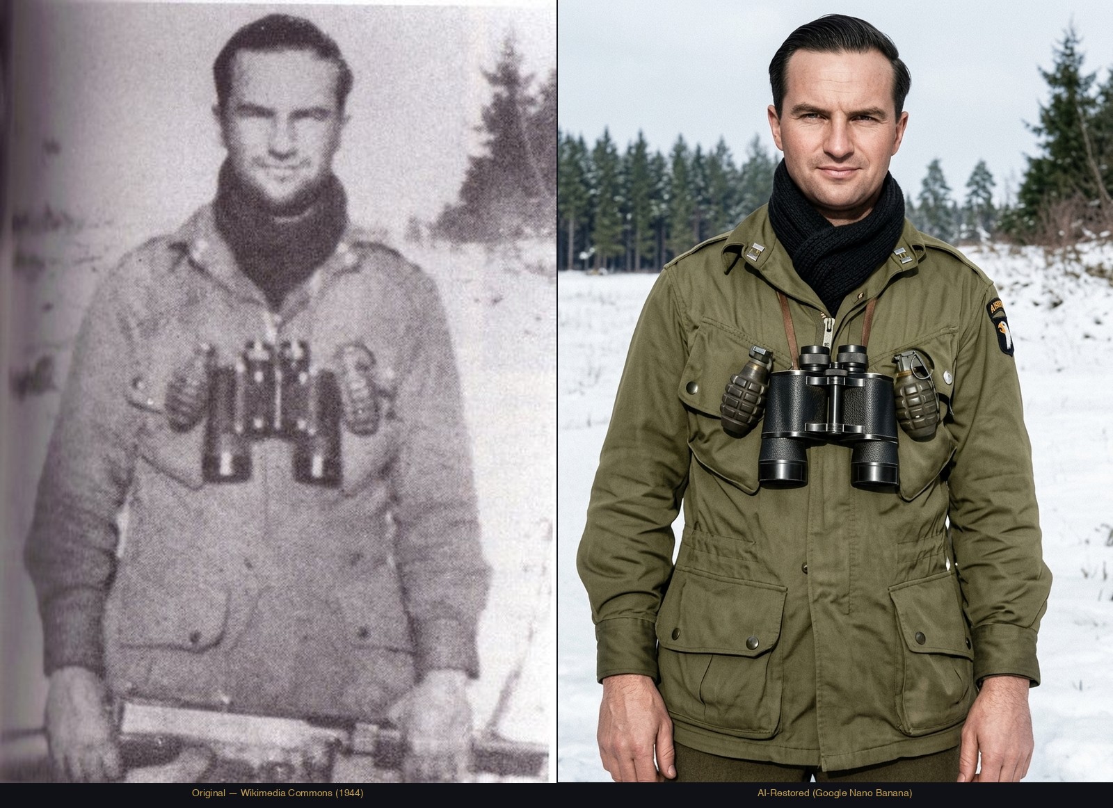 Captain Ronald Speirs at Bastogne wearing binoculars and grenades over his jump jacket, winter 1944