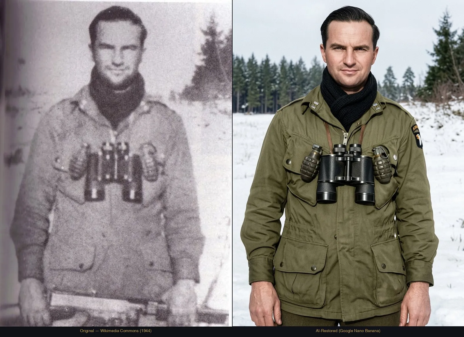 Captain Ronald Speirs at Bastogne wearing binoculars and grenades over his jump jacket, winter 1944