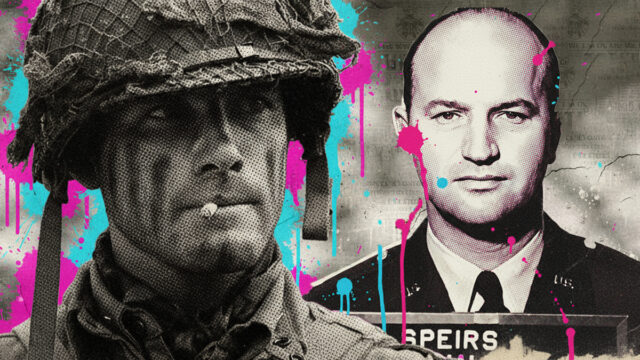 Ronald Speirs editorial artwork blending a 101st Airborne paratrooper with his official military portrait