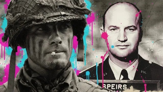 Ronald Speirs editorial artwork blending a 101st Airborne paratrooper with his official military portrait