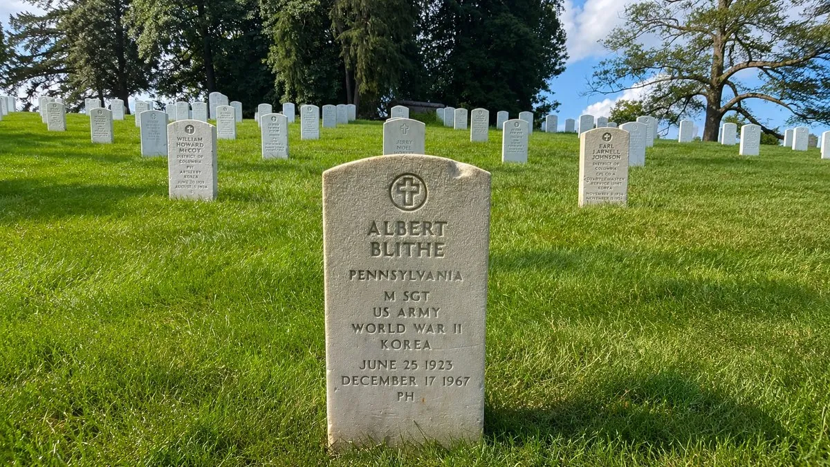 Master Sergeant Albert Blithe's headstone at Arlington National Cemetery showing his dates June 25 1923 to December 17 1967 and service in WWII and Korea