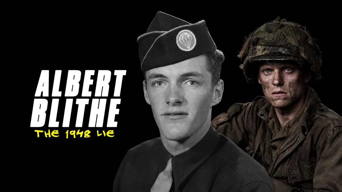 Real Albert Blithe in 1942 paratrooper portrait beside Marc Warren as Blithe in HBO Band of Brothers — the 1948 death myth