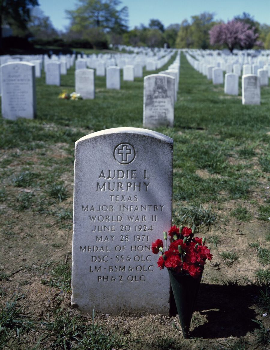 Audie Murphy's grave at Arlington National Cemetery, marked by a plain government headstone at his family's request