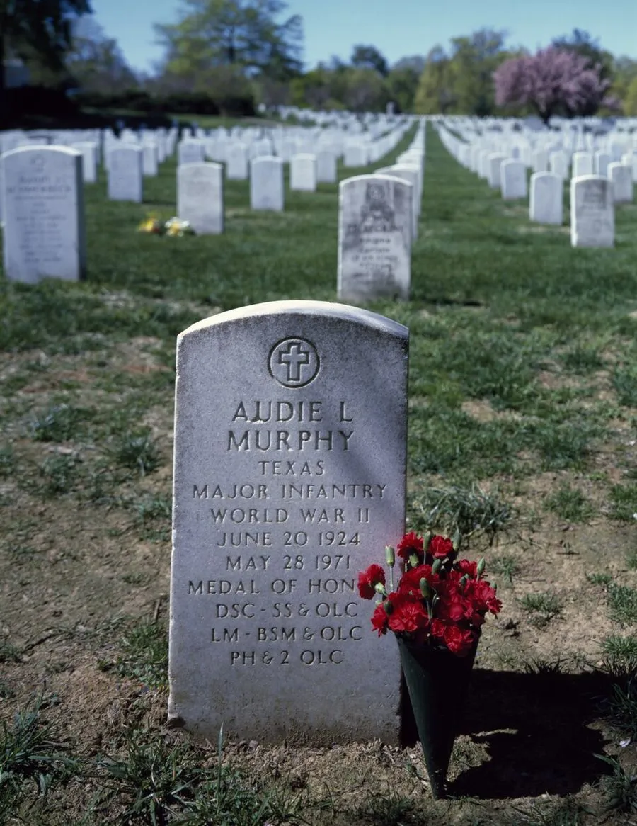 Audie Murphy's grave at Arlington National Cemetery, marked by a plain government headstone at his family's request