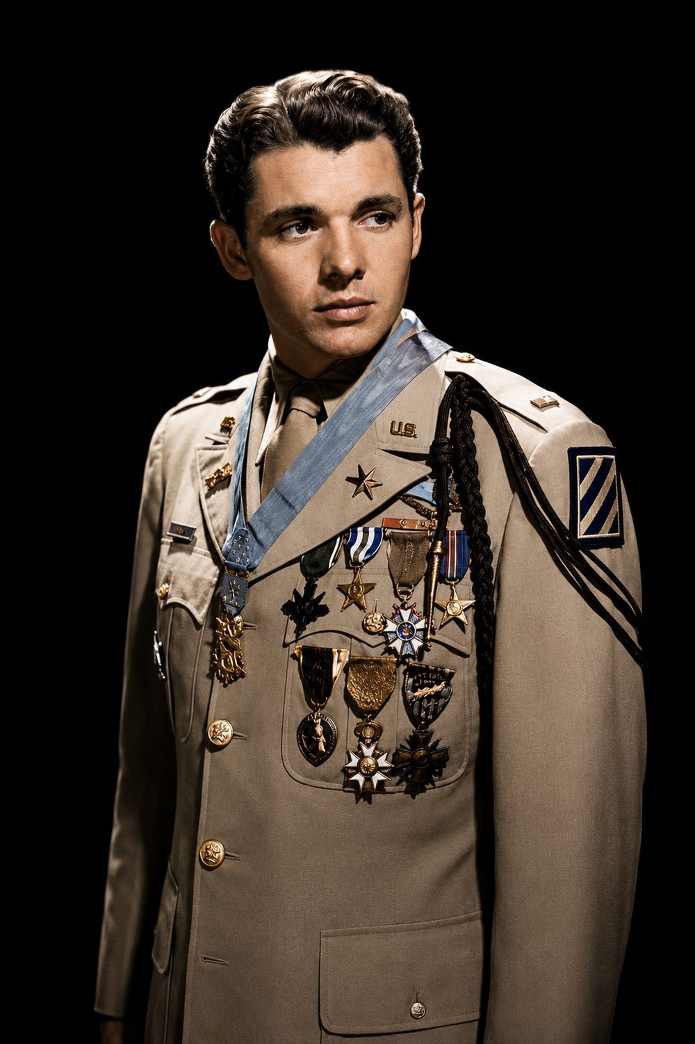 Audie Murphy wearing his full set of medals including the Medal of Honor, Distinguished Service Cross and two Silver Stars