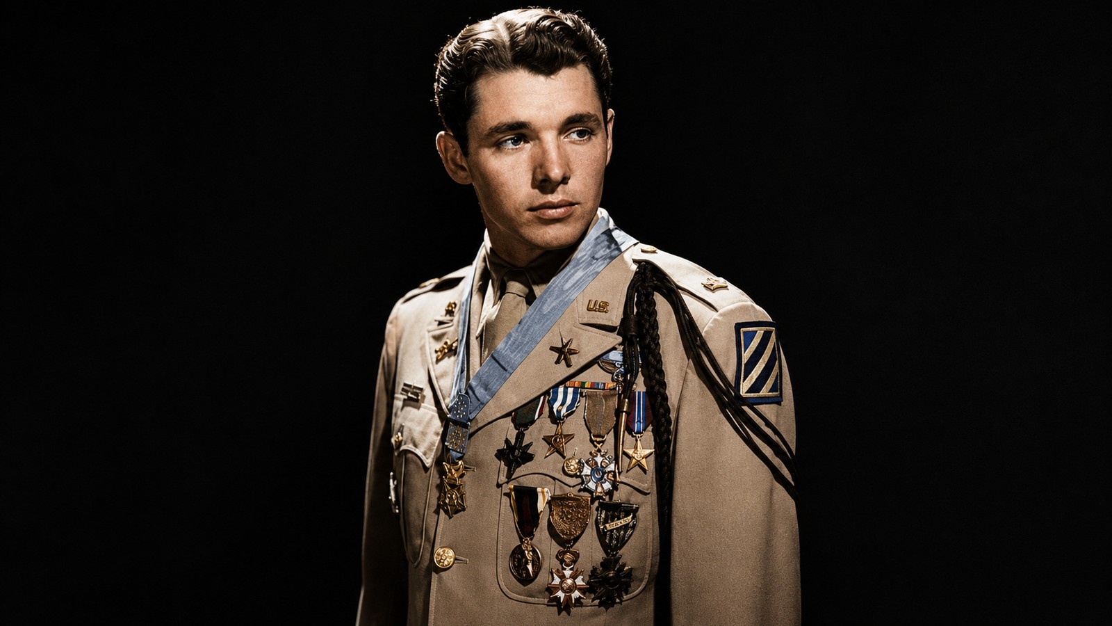 Audie Murphy in dress uniform wearing the Medal of Honor and his decorations, the most decorated American soldier of WW2