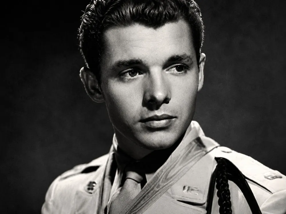 Portrait of Audie Murphy in US Army uniform, who rose from a poor Texas sharecropping family to the most decorated soldier of WW2
