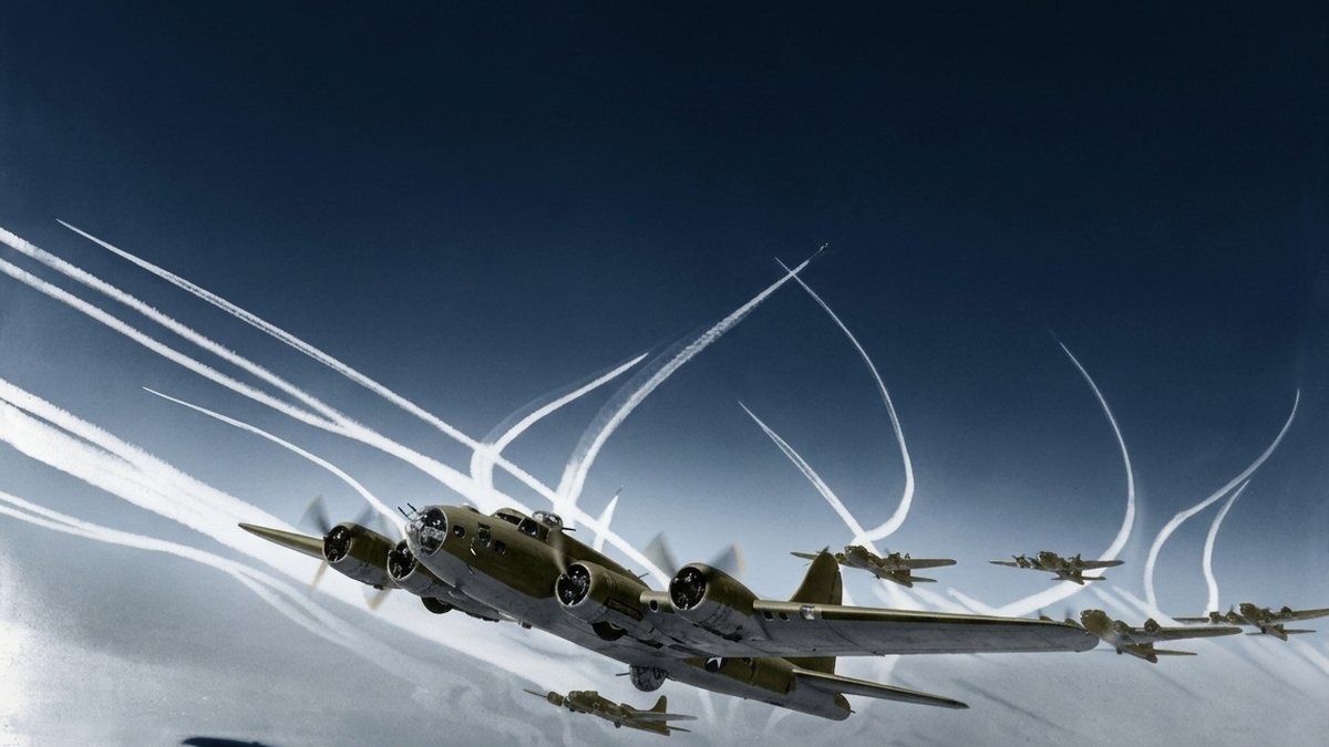 Boeing B-17 Flying Fortresses in formation flight without D-Day invasion stripes — heavy bombers were excluded from the marking scheme