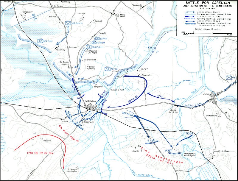 Battle of Carentan map showing the scheme of attack by 101st Airborne in June 1944