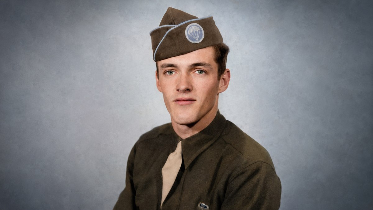 Albert Blithe of Easy Company 506th Parachute Infantry Regiment in 1942 service uniform with garrison cap and parachute regiment patch