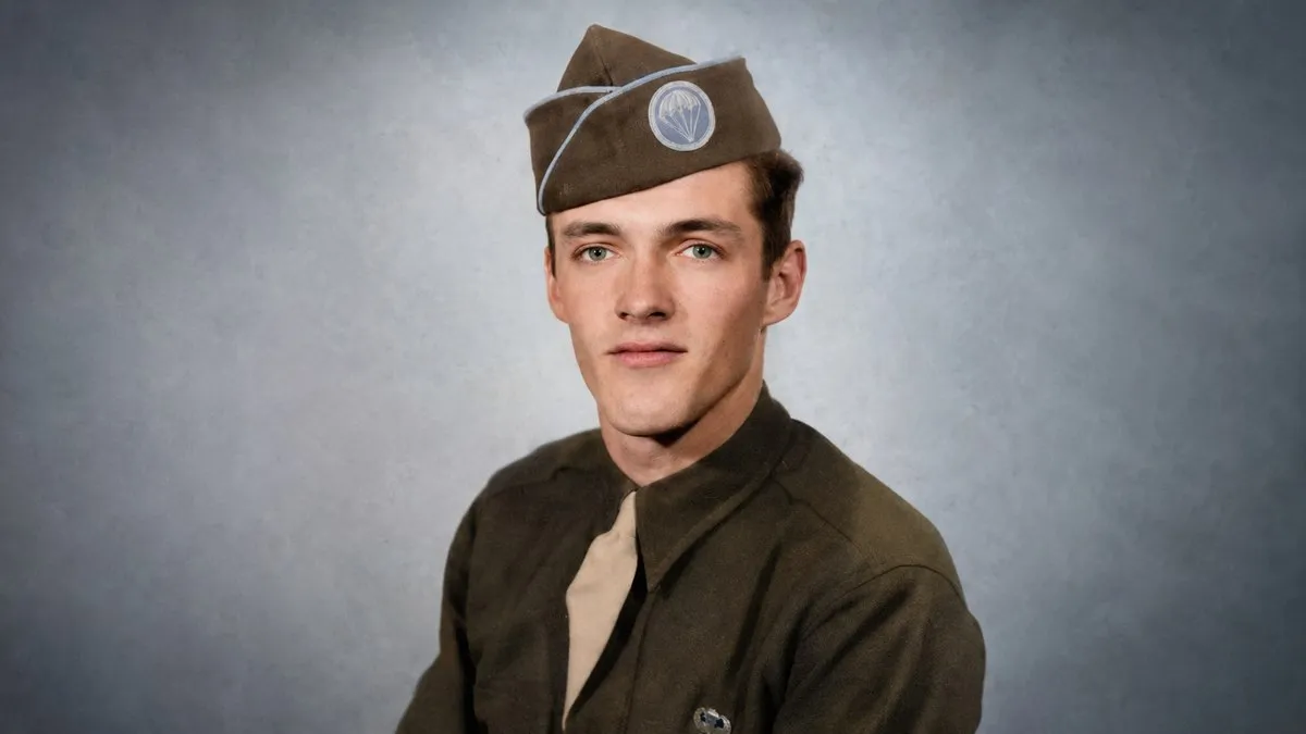 Albert Blithe of Easy Company 506th Parachute Infantry Regiment in 1942 service uniform with garrison cap and parachute regiment patch