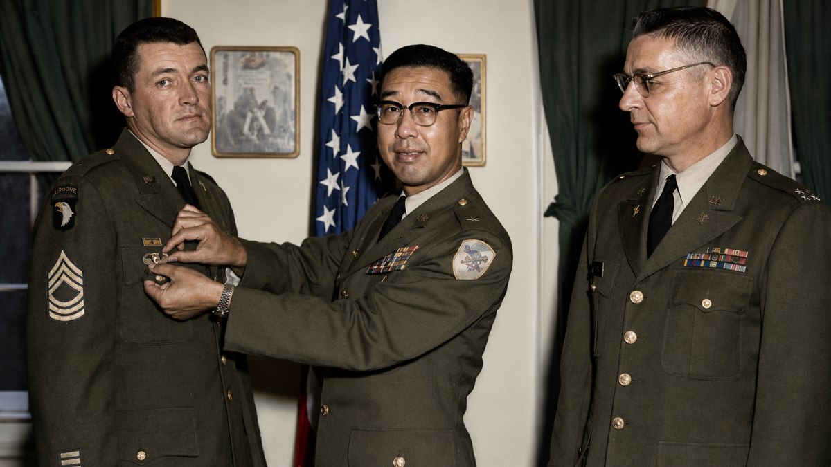 Master Sergeant Albert Blithe being decorated by a Republic of China Army officer during his Military Assistance Advisory Group Taiwan service