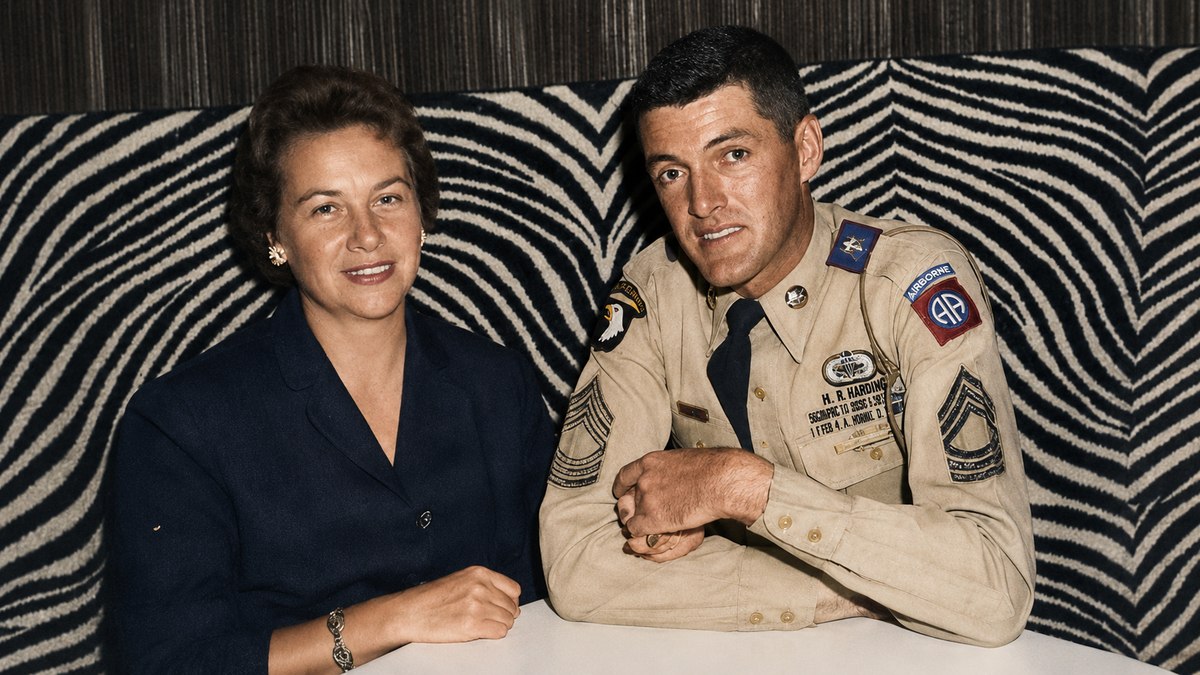 Master Sergeant Albert Blithe with his wife in 1967 in dress uniform with 82nd Airborne patch and military decorations