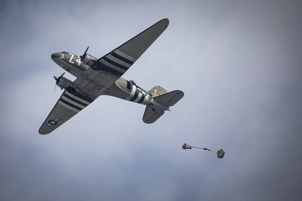 A C-47 Skytrain of the same type that dropped Easy Company into Normandy on D-Day before the Brécourt Manor assault