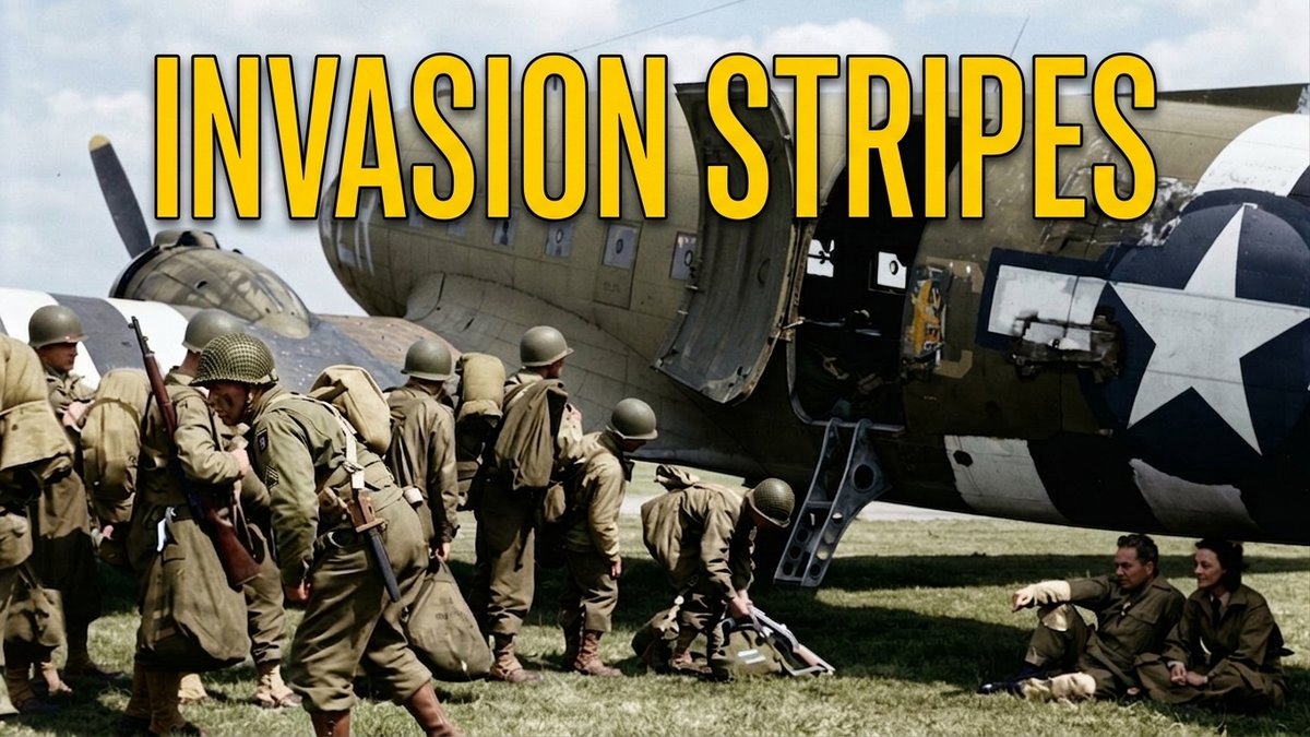 C-47 Skytrain with D-Day invasion stripes and 82nd Airborne paratroopers boarding before Normandy