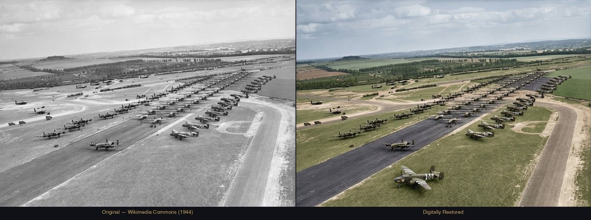 British forces landing during the invasion of Normandy, 6 June 1944, while Allied tactical aircraft with D-Day invasion stripes provided overhead cover