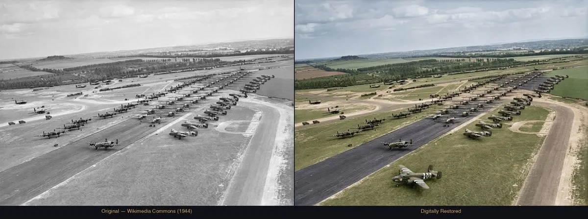 British forces landing during the invasion of Normandy, 6 June 1944, while Allied tactical aircraft with D-Day invasion stripes provided overhead cover