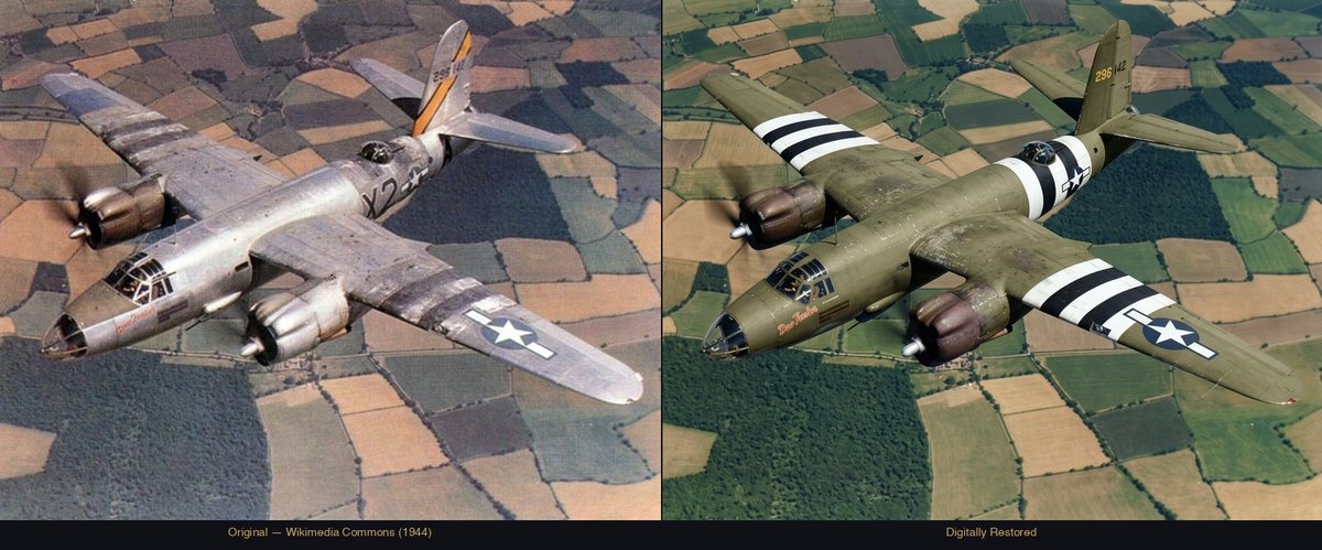 B-26 Marauder medium bomber with prominent black-and-white D-Day invasion stripes on the wings and fuselage, 1944