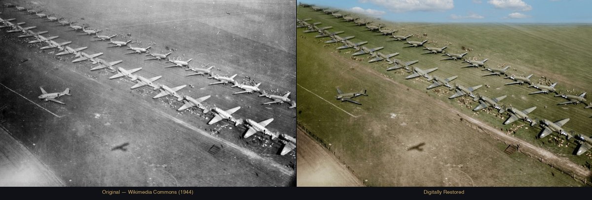Twin lines of C-47 Skytrain transport planes loaded with paratroopers and equipment at an Allied airfield in 1944, showing the D-Day invasion stripes