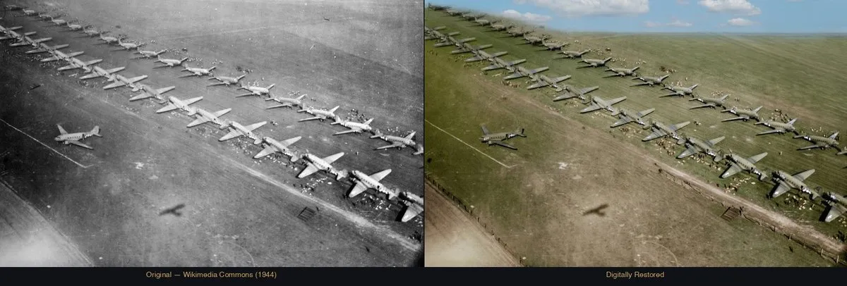 Twin lines of C-47 Skytrain transport planes loaded with paratroopers and equipment at an Allied airfield in 1944, showing the D-Day invasion stripes