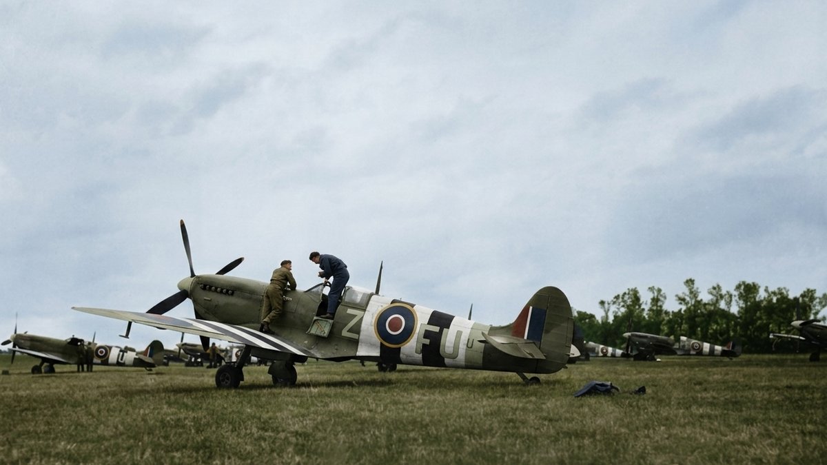 Spitfires of 453 Squadron RAAF showing black-and-white D-Day invasion stripes on the fuselage, France 1944