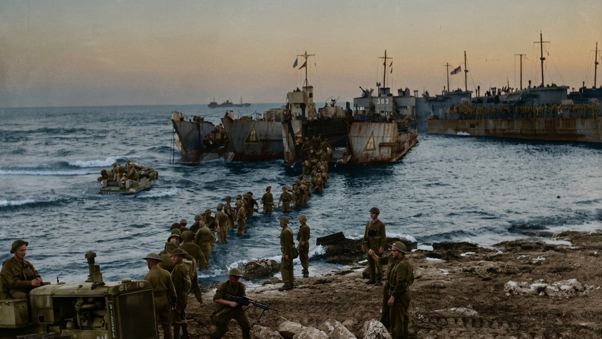 Allied troops and landing craft during Operation Husky, the invasion of Sicily, July 1943 — the campaign whose friendly-fire shootdown of 23 Dakotas drove the D-Day invasion-stripe decision