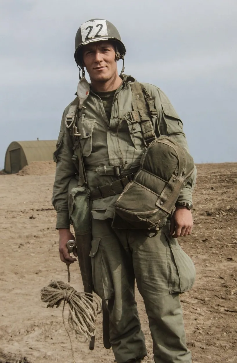 Lieutenant Dick Winters in 1944 Class A uniform with 101st Airborne patch and 506th PIR garrison cap, the officer who led the Brécourt Manor assault on D-Day