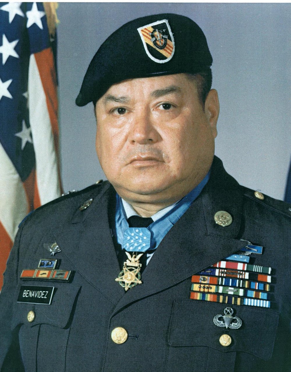 Master Sergeant Roy P. Benavidez, U.S. Army Special Forces, in his Green Beret with the Medal of Honor at his neck