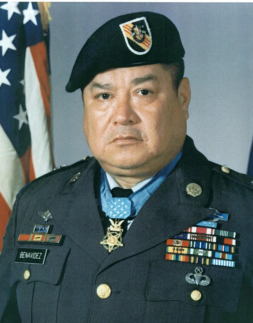 Master Sergeant Roy P. Benavidez, U.S. Army Special Forces, in his Green Beret with the Medal of Honor at his neck
