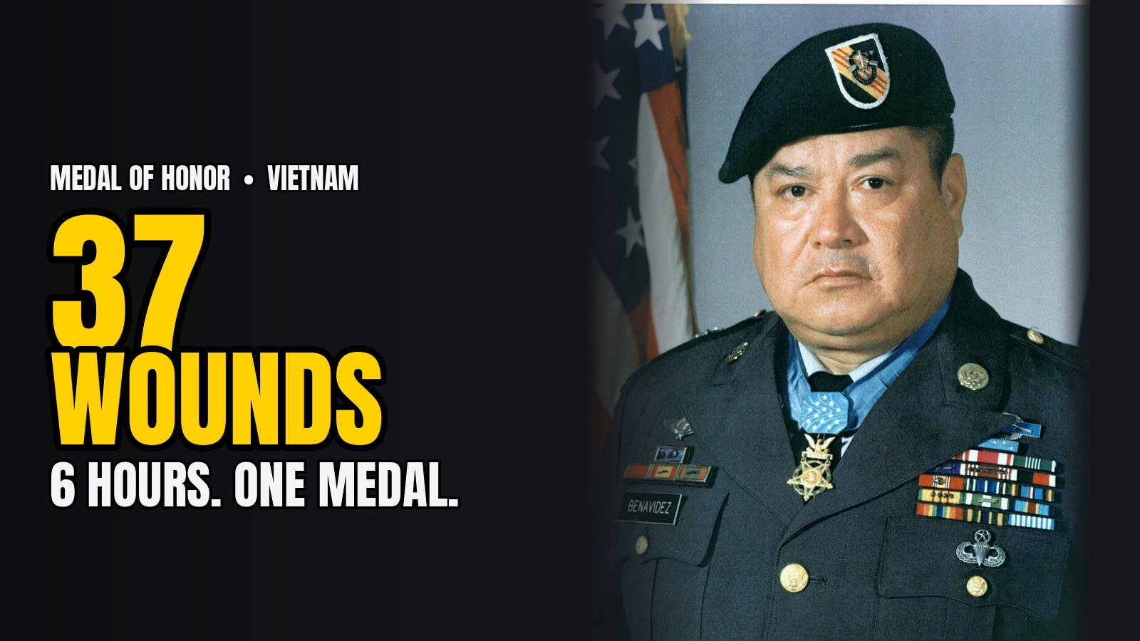 Master Sergeant Roy Benavidez, Medal of Honor recipient, in his Green Beret and dress uniform with the Medal of Honor at his neck