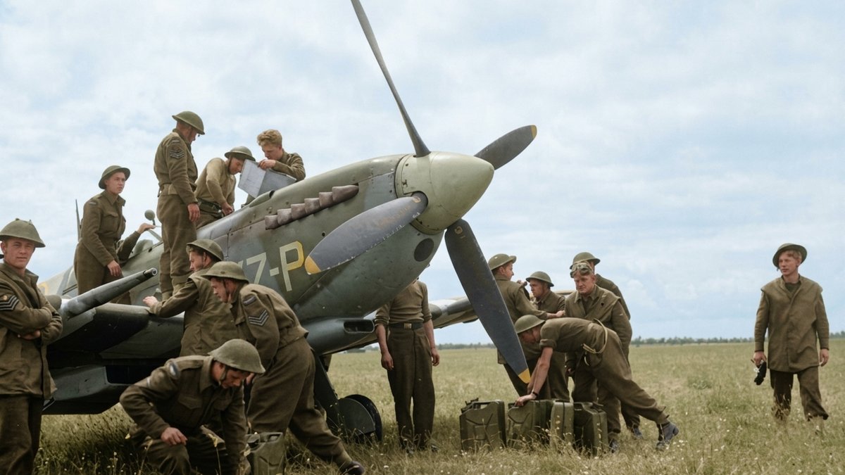 Ground crew refuel a Supermarine Spitfire of No. 441 Squadron RCAF at a French Advanced Landing Ground, 1944 — Allied operations in liberated France after invasion stripes were removed from upper surfaces