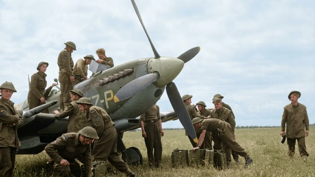 Ground crew refuel a Supermarine Spitfire of No. 441 Squadron RCAF at a French Advanced Landing Ground, 1944 — Allied operations in liberated France after invasion stripes were removed from upper surfaces