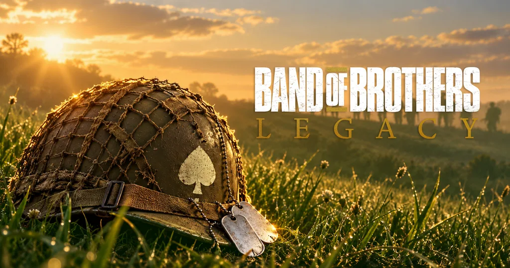 Band of Brothers: Legacy poster: a 101st Airborne spade helmet and dog tags in golden-hour grass with paratroopers in the haze.