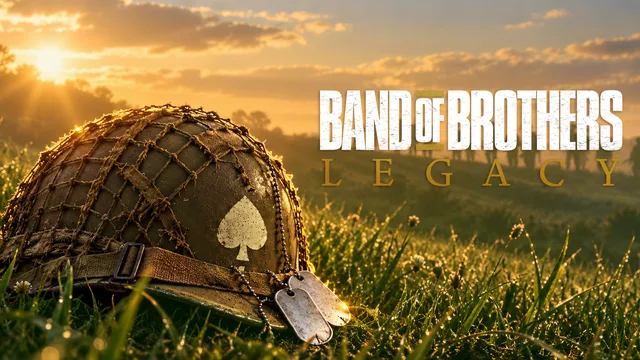 Band of Brothers: Legacy poster: a 101st Airborne spade helmet and dog tags in golden-hour grass with paratroopers in the haze.