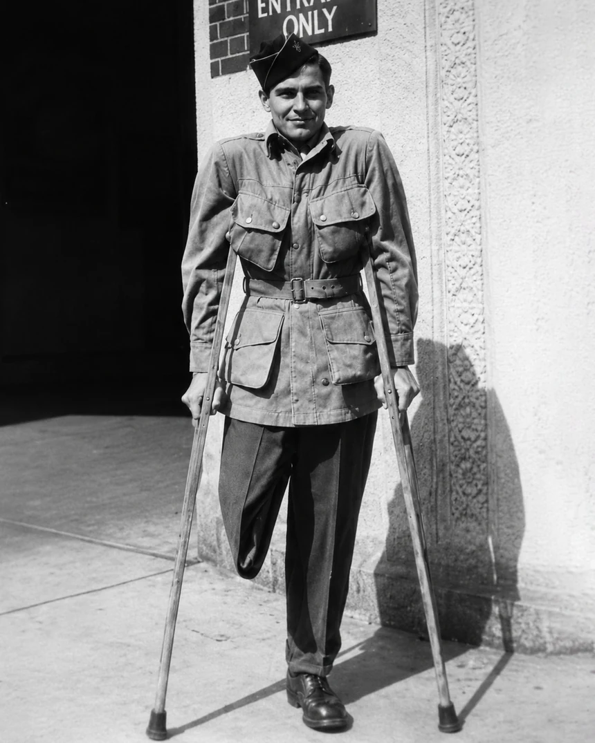 Bill Guarnere on crutches recovering from the loss of his right leg after the Battle of the Bulge in 1945