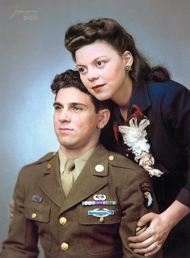 Bill Guarnere with his wife Frances in 1945, in his 101st Airborne uniform with jump wings and combat decorations