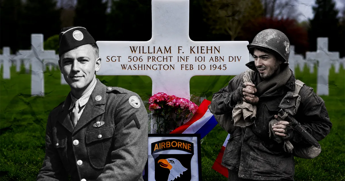 Sgt. Bill Kiehn of Easy Company, 506th PIR, beside his grave marker at Epinal American Cemetery