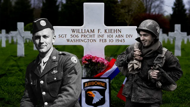 Sgt. Bill Kiehn of Easy Company, 506th PIR, beside his grave marker at Epinal American Cemetery