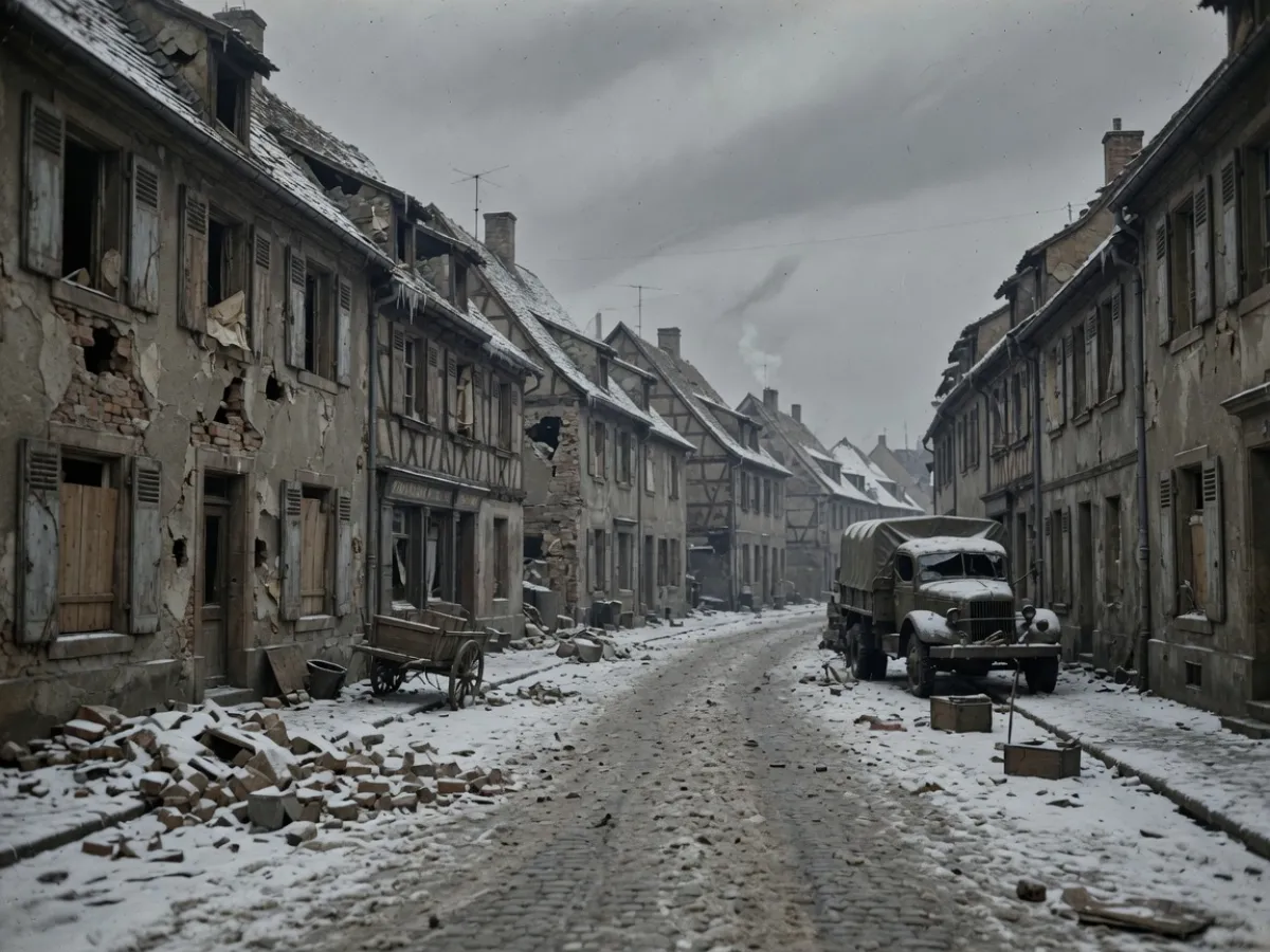 A snow-covered street in Haguenau, France, winter 1945